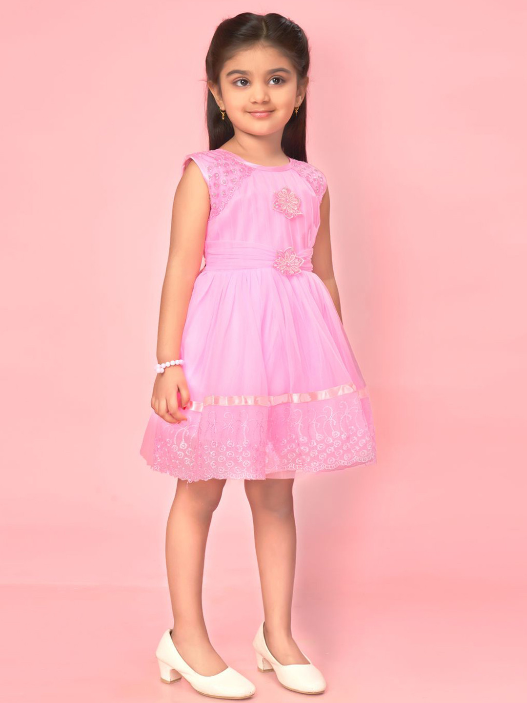 

BAESD Girls Round Neck Sleeveless Net Fit & Flare Dress, Pink