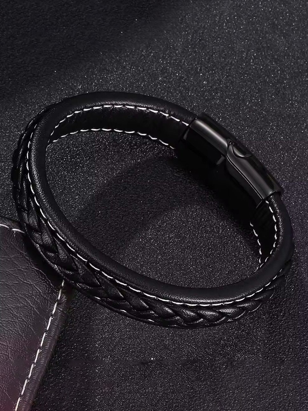 

MEENAZ Men Silver Plated Stainless Steel Cuff Bracelet, Black