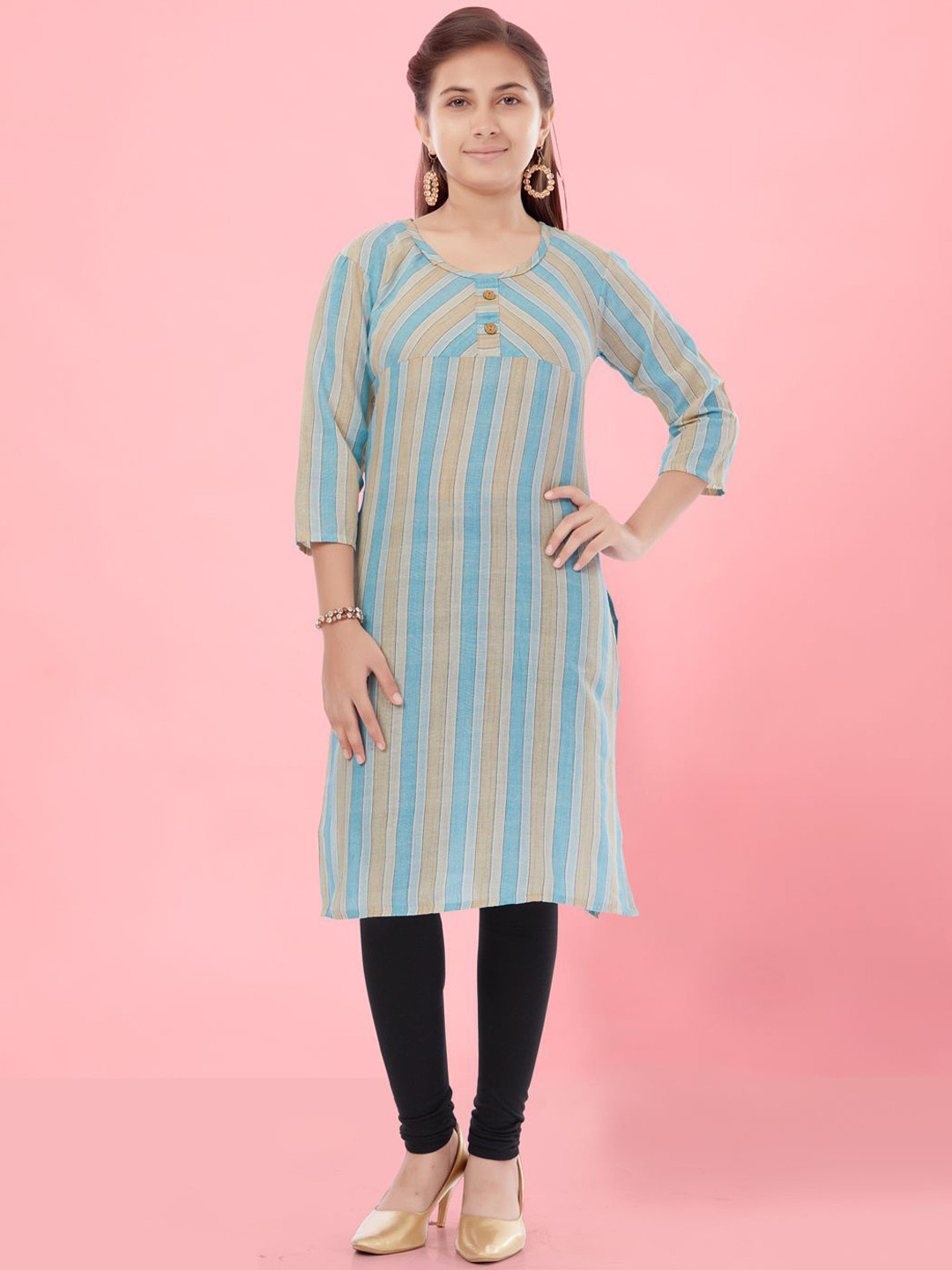 

BAESD Girls Striped Cotton Straight Kurta, Turquoise blue