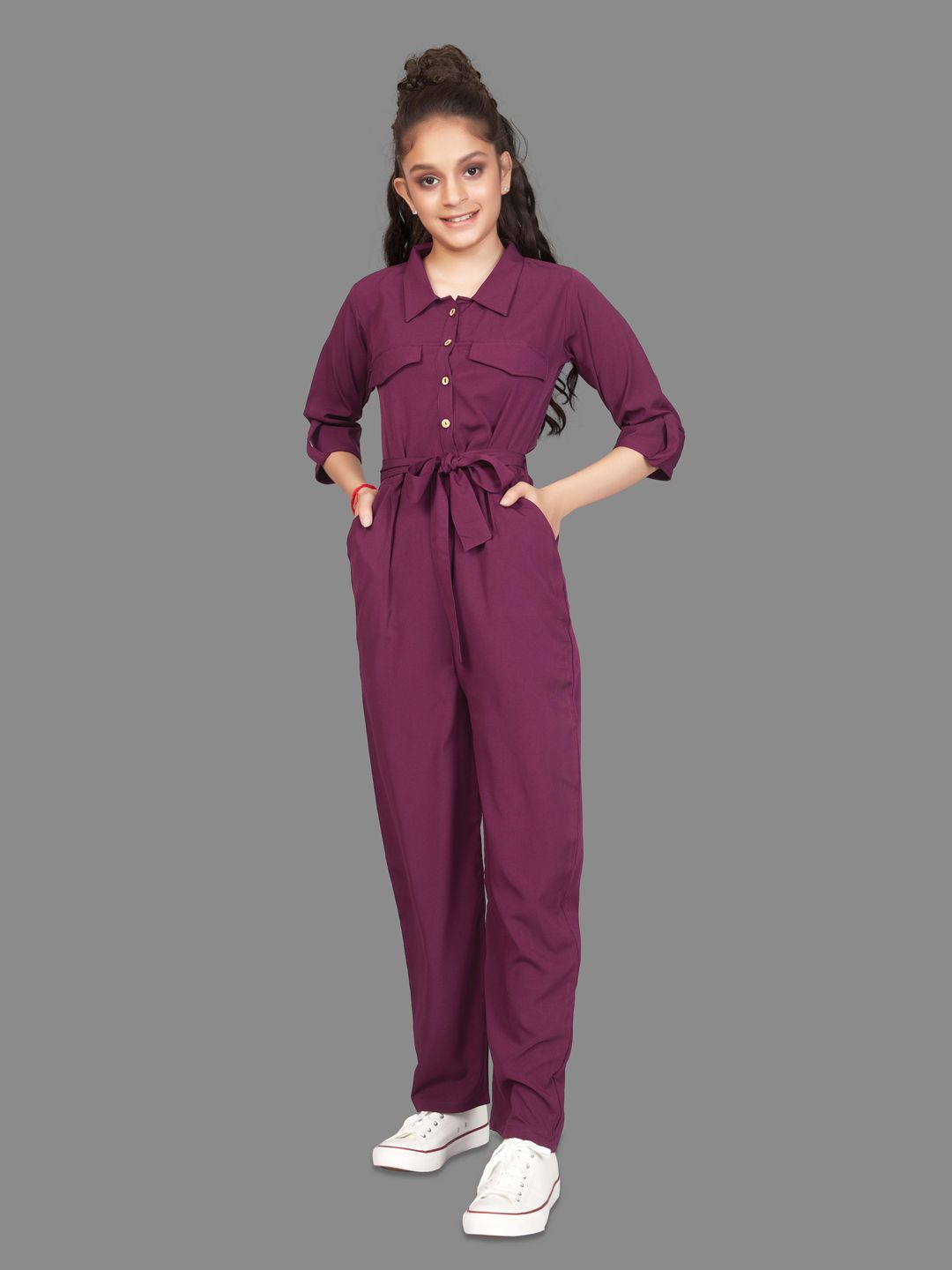 

BAESD Girls Front Button Flap Pocket Belted Basic Jumpsuit, Maroon