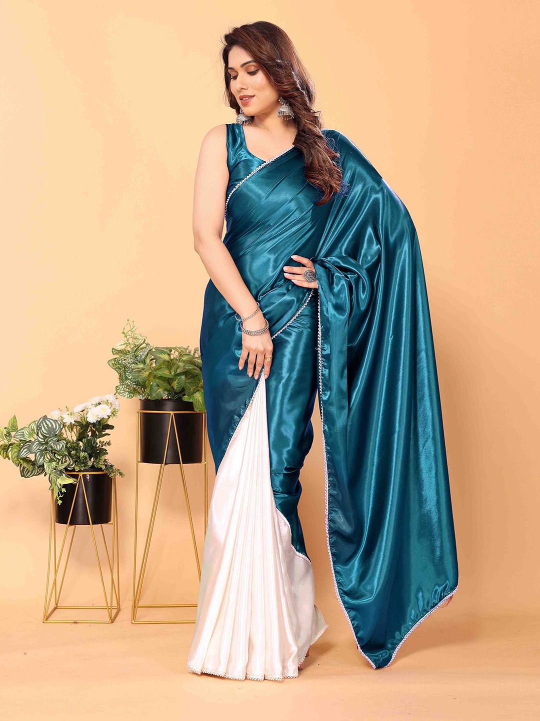 

ANJAVI FASHION Beads and Stones Satin Half and Half Saree, Teal