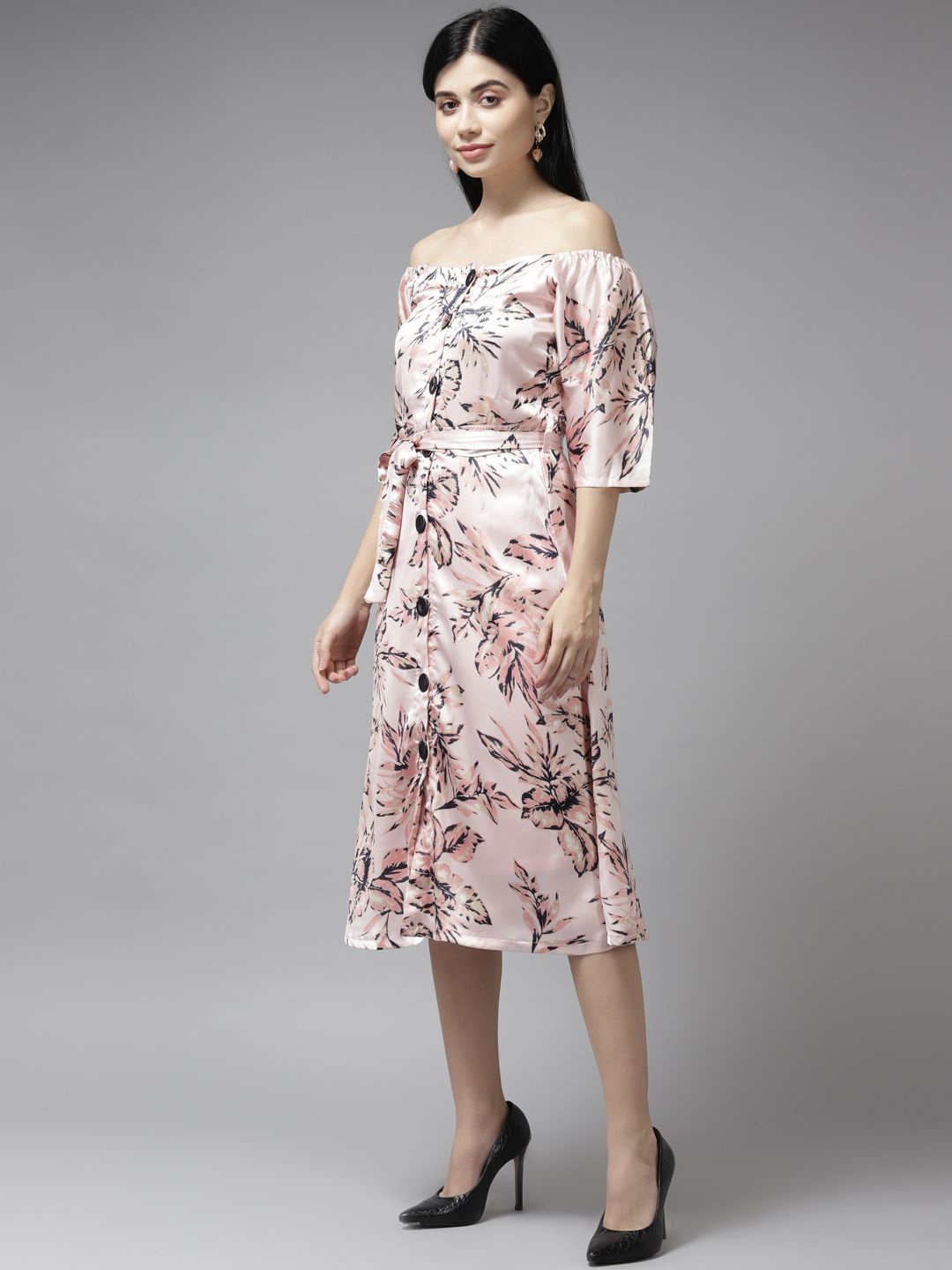 

BAESD Floral Printed Off-Shoulder Georgette Fit and Flare Midi Dress, Pink