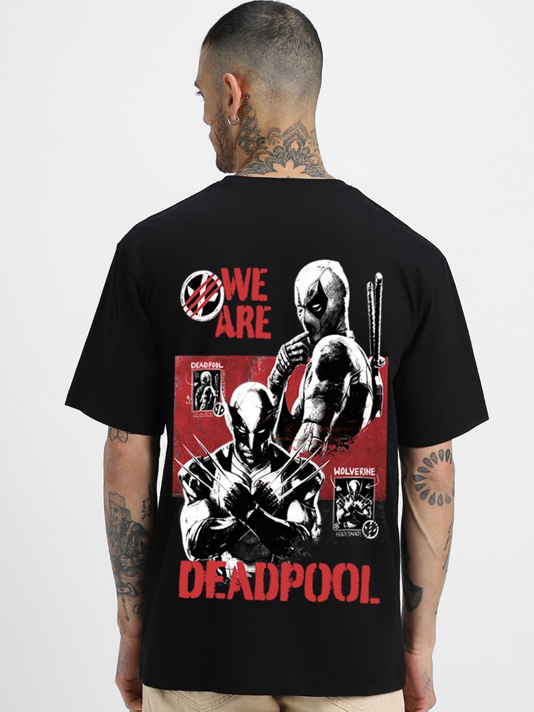 

VEIRDO Marvel Men Deadpool Graphic Printed Pure Cotton Oversized T-shirt, Black