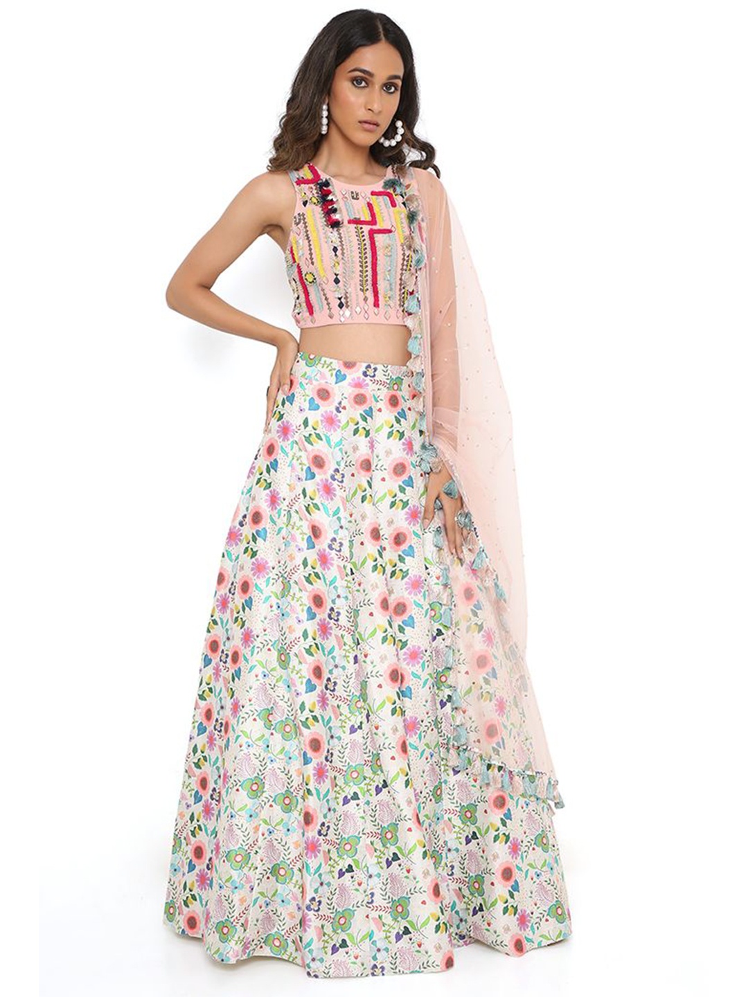 

Payal Singhal Floral Printed Mirror Work Ready to Wear Lehenga & Blouse With Dupatta, Cream