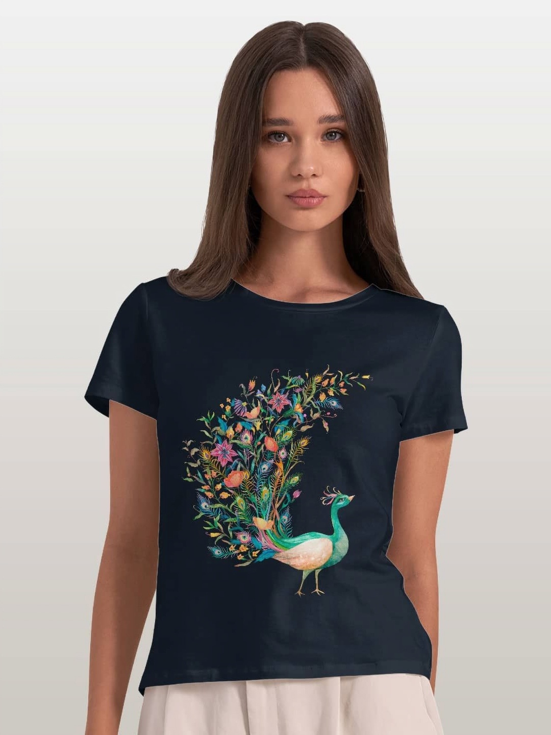 

macmerise Women Floral Printed Extended Sleeves Pockets T-shirt, Navy blue