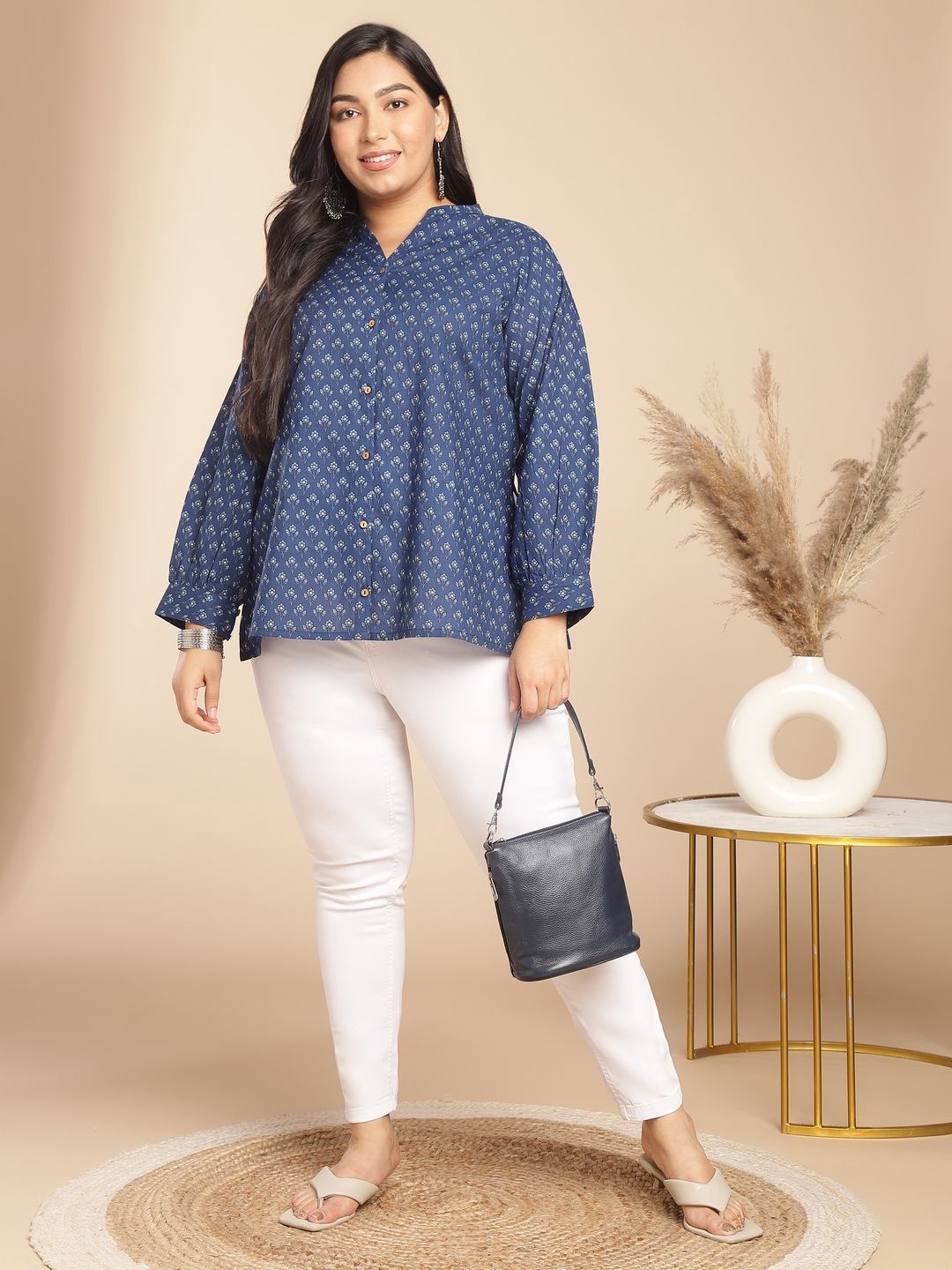 

Janasya Mandarin Collar Floral Printed Plus Size Tunic, Navy blue