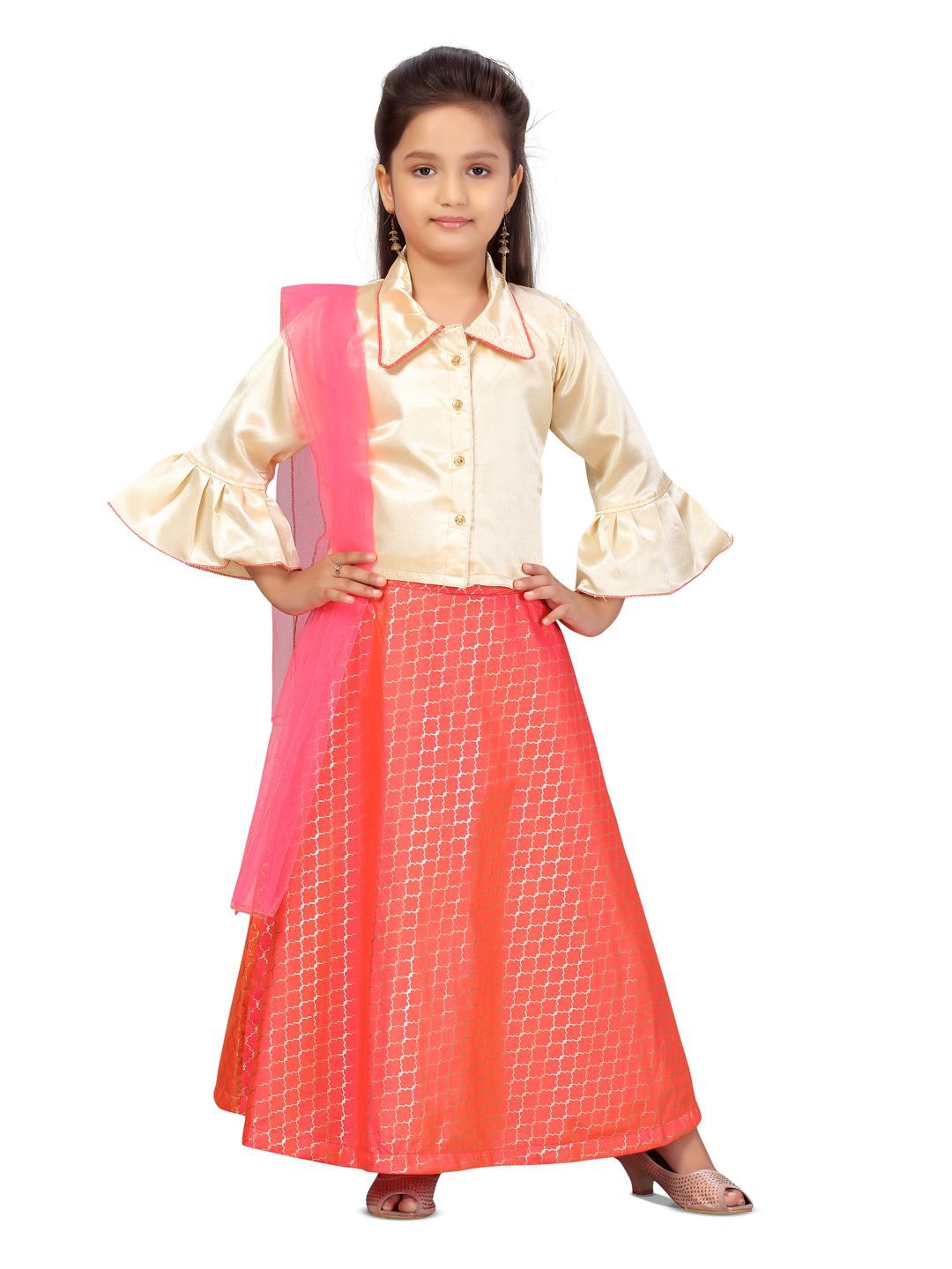 

BAESD Girls Shirt Collar Bell Sleeves Silk Ready to Wear Lehenga & Blouse With Dupatta, Beige