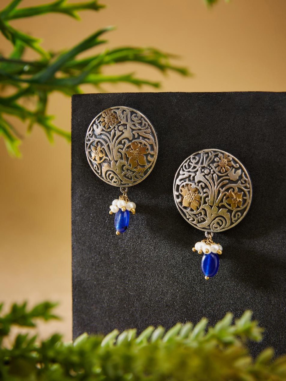 

Fabindia Stone-Studded & Beaded Contemporary Drop Earrings, Silver