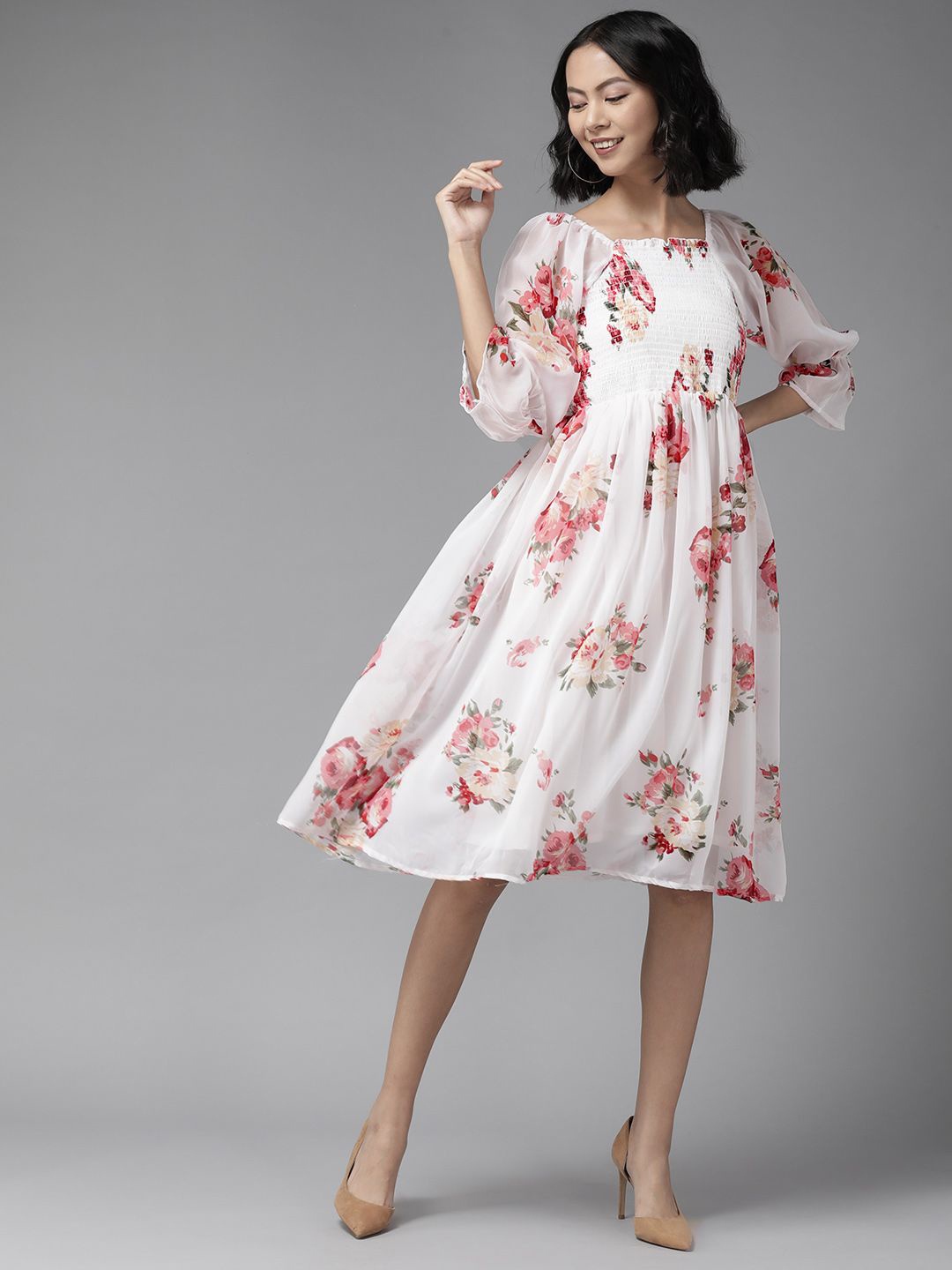 

BAESD Floral Printed Square Neck Bell Sleeves Fit and Flare Dress, White