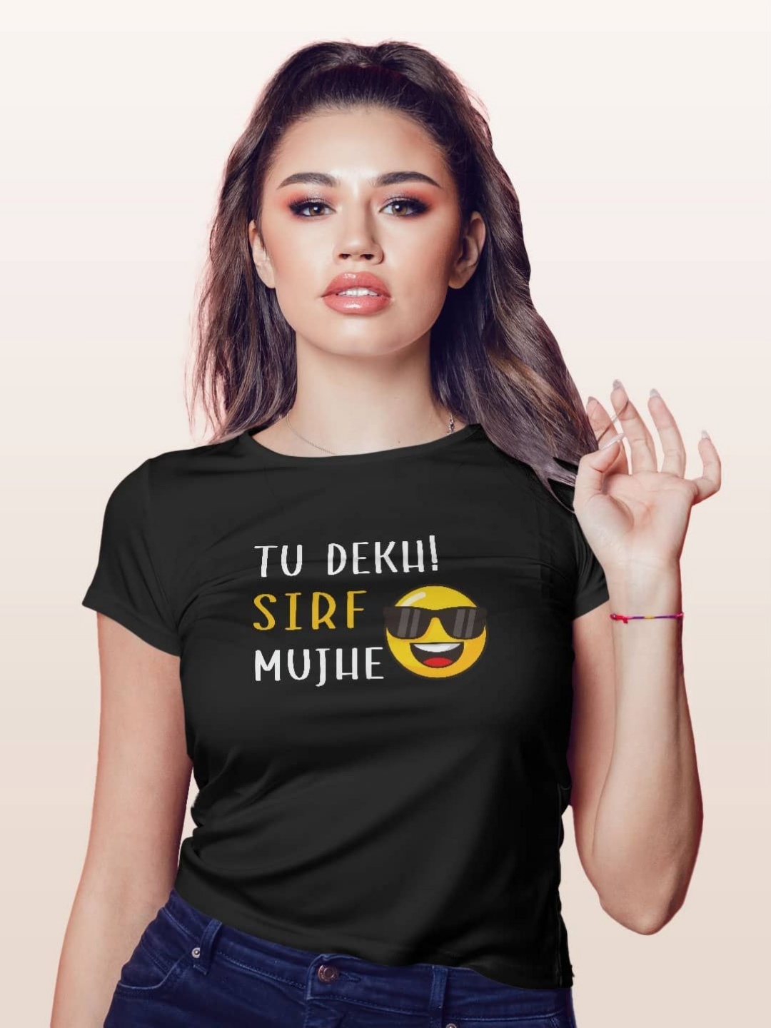 

macmerise Women Typography Printed Extended Sleeves Applique T-shirt, Black