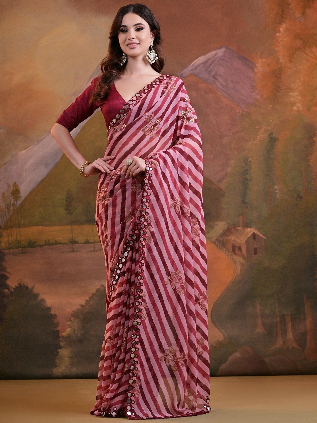 

QVAZOR Mirror Work Pure Georgette Leheriya Saree, Maroon