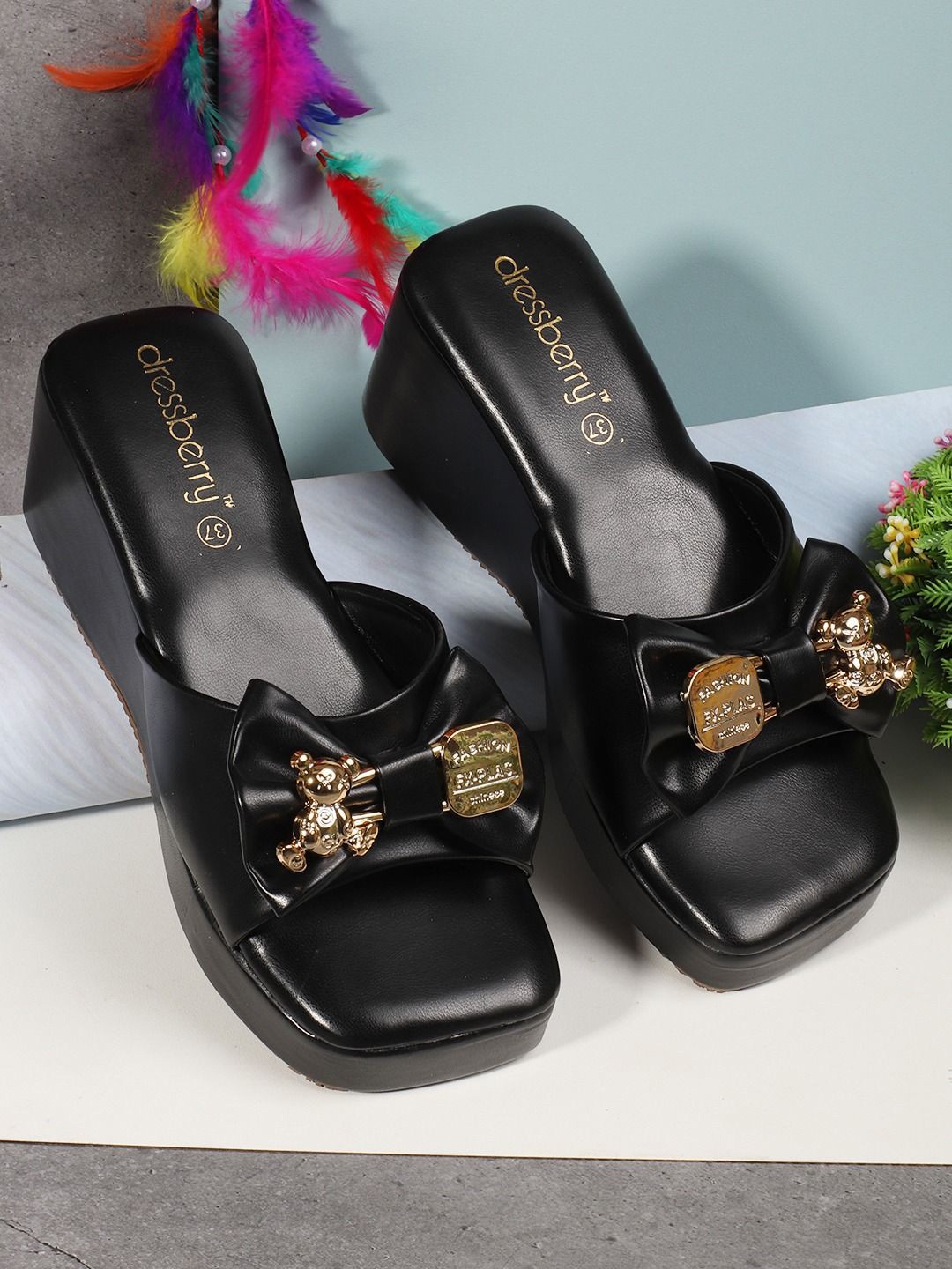 

DressBerry Women Embellished Open Toe Wedge Sandals With Bows, Black