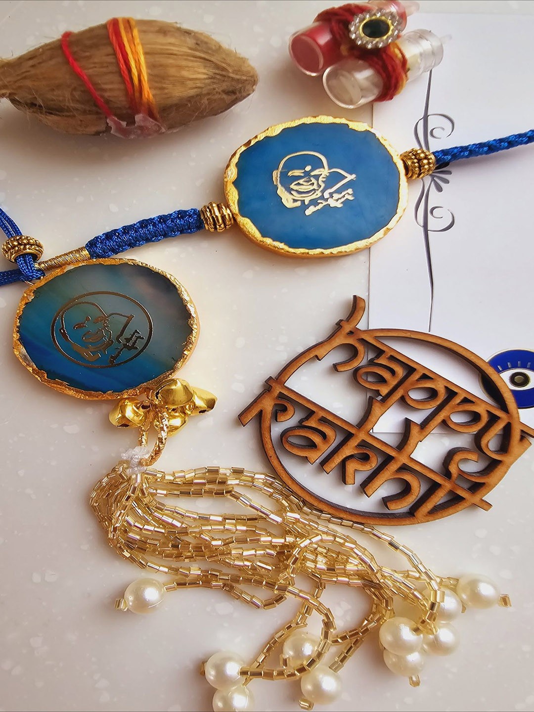 

HOMEARTE Agate Stone Bhaiya Bhabhi Thread Rakhi With Roli Chawal, Turquoise blue