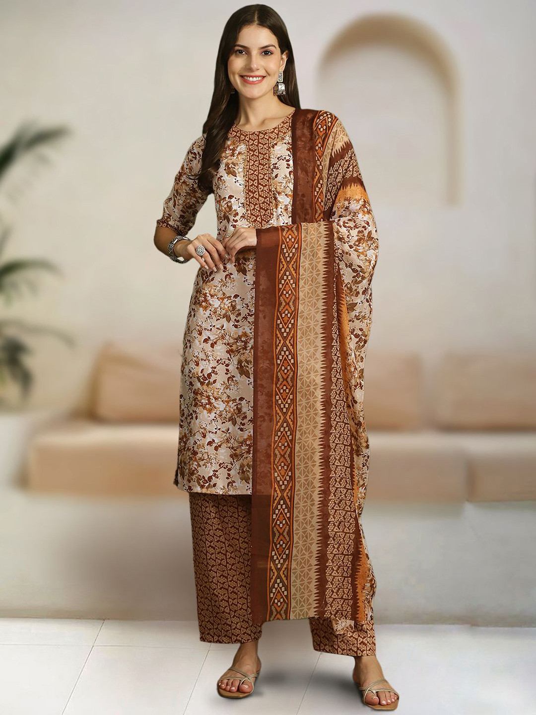 

7Threads Floral Printed Pure Cotton Straight Kurta With Trousers & Dupatta, Beige