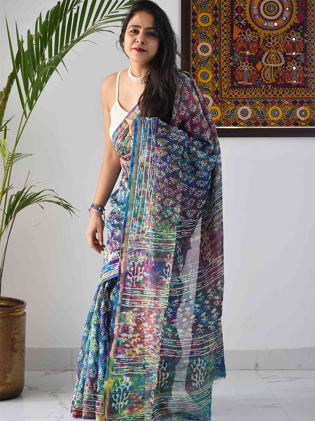 

Sundarii Dabu Chanderi Saree, Blue