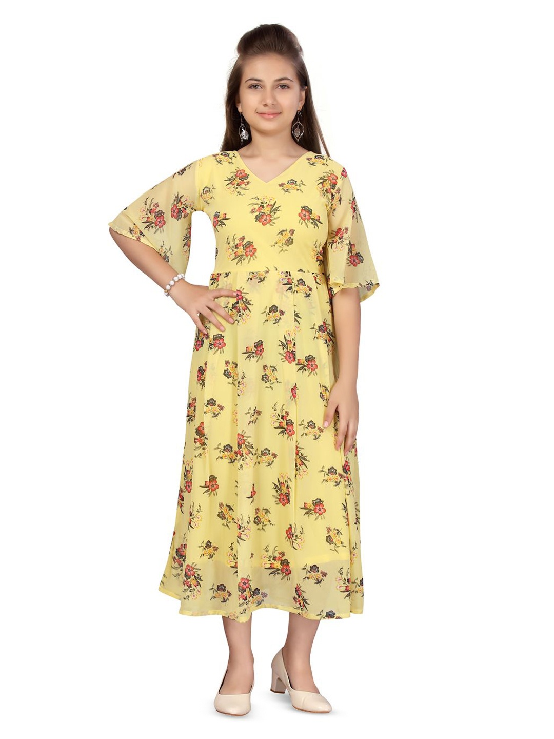 

BAESD Girls Floral Print Flared Sleeve Georgette Fit & Flare Midi Dress, Yellow