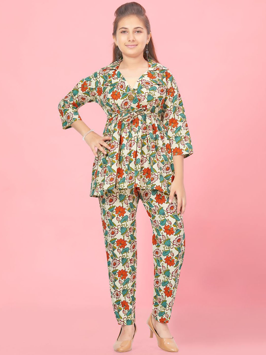 

BAESD Girls Printed Pure Cotton Top With Trousers, Cream