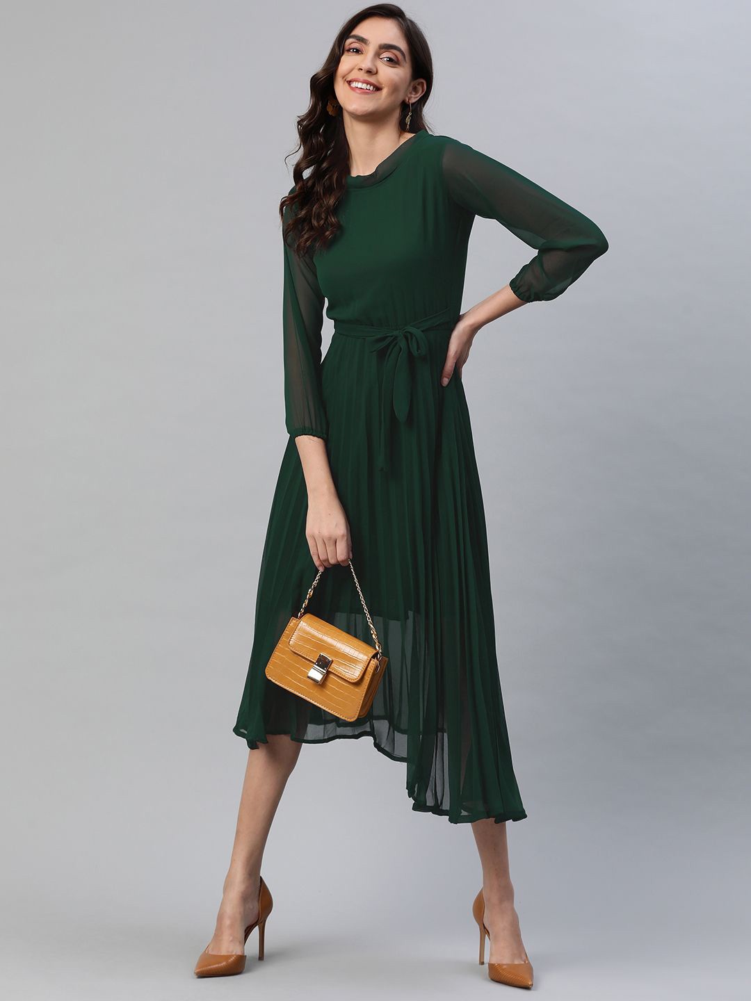 

BAESD Round Neck Belted A-Line Midi Dress, Green