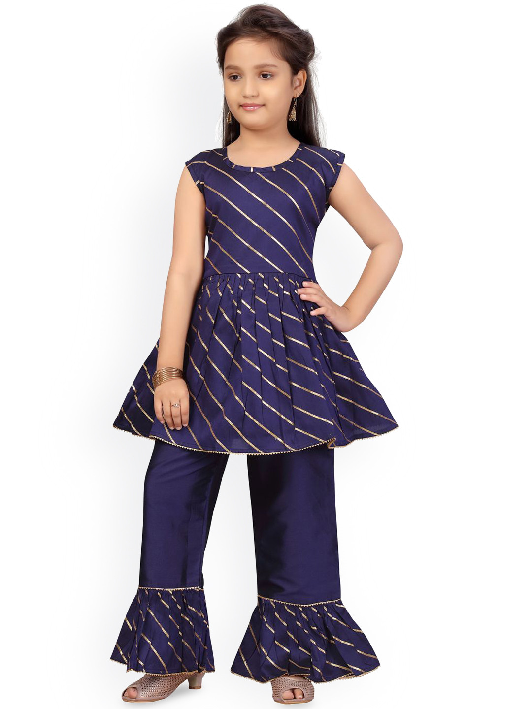 

BAESD Girls Leheriya Printed A-Line Pure Cotton Kurta with Trousers, Navy blue