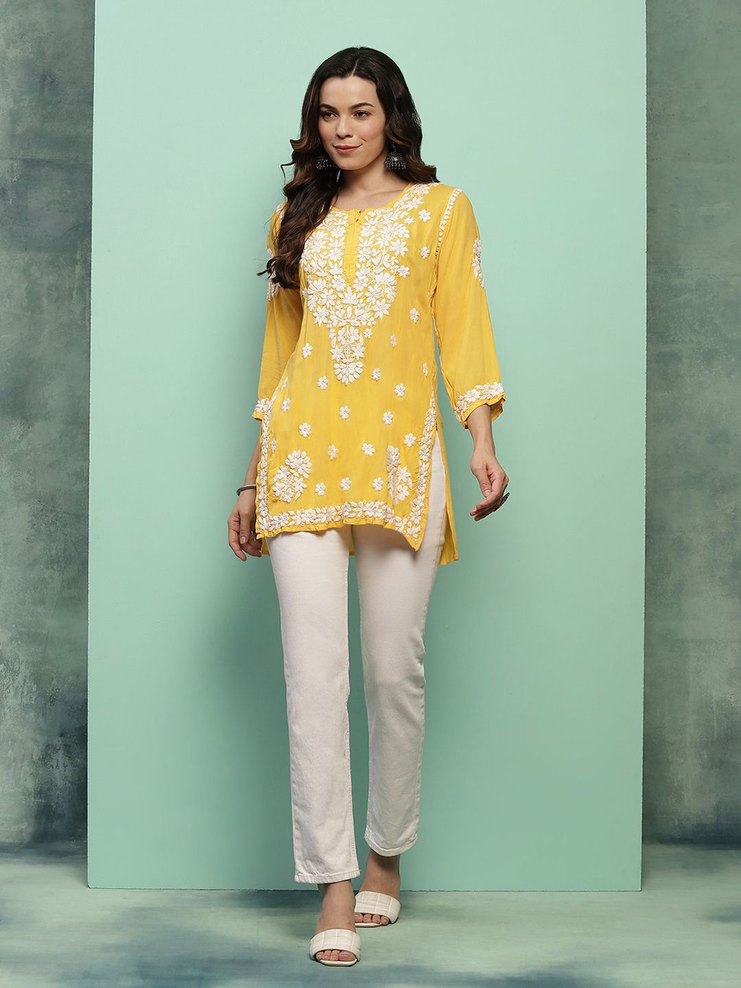 

House of Chikankari Chikankari Woven Short Kurta, Yellow