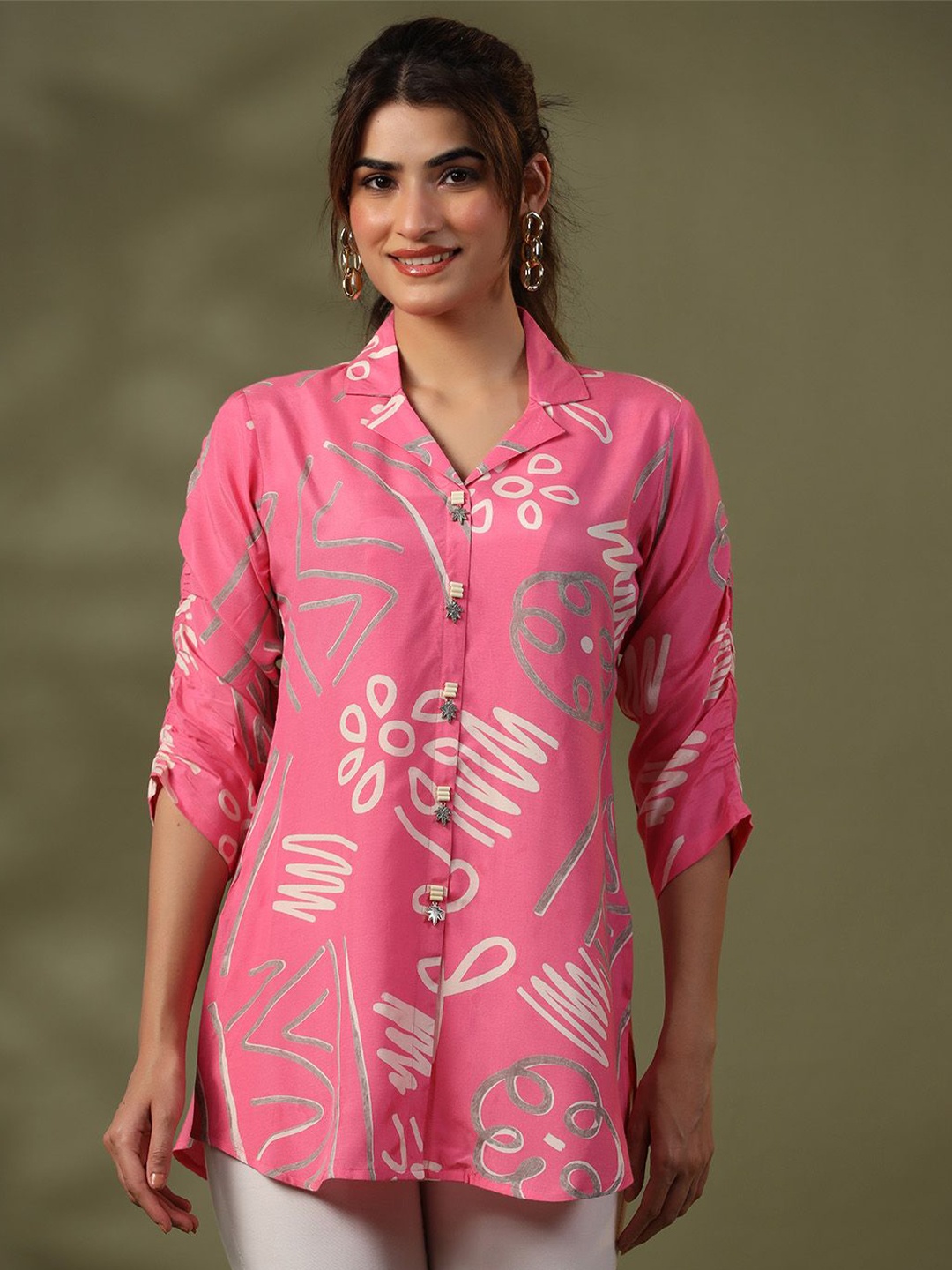 

Kaftanize Printed Cotton Shirt, Pink