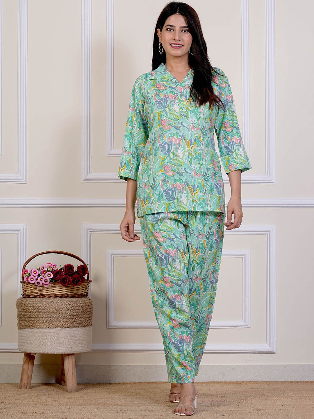 

P3D CREATION Floral Printed Pure Cotton Tunic With Trouser, Green