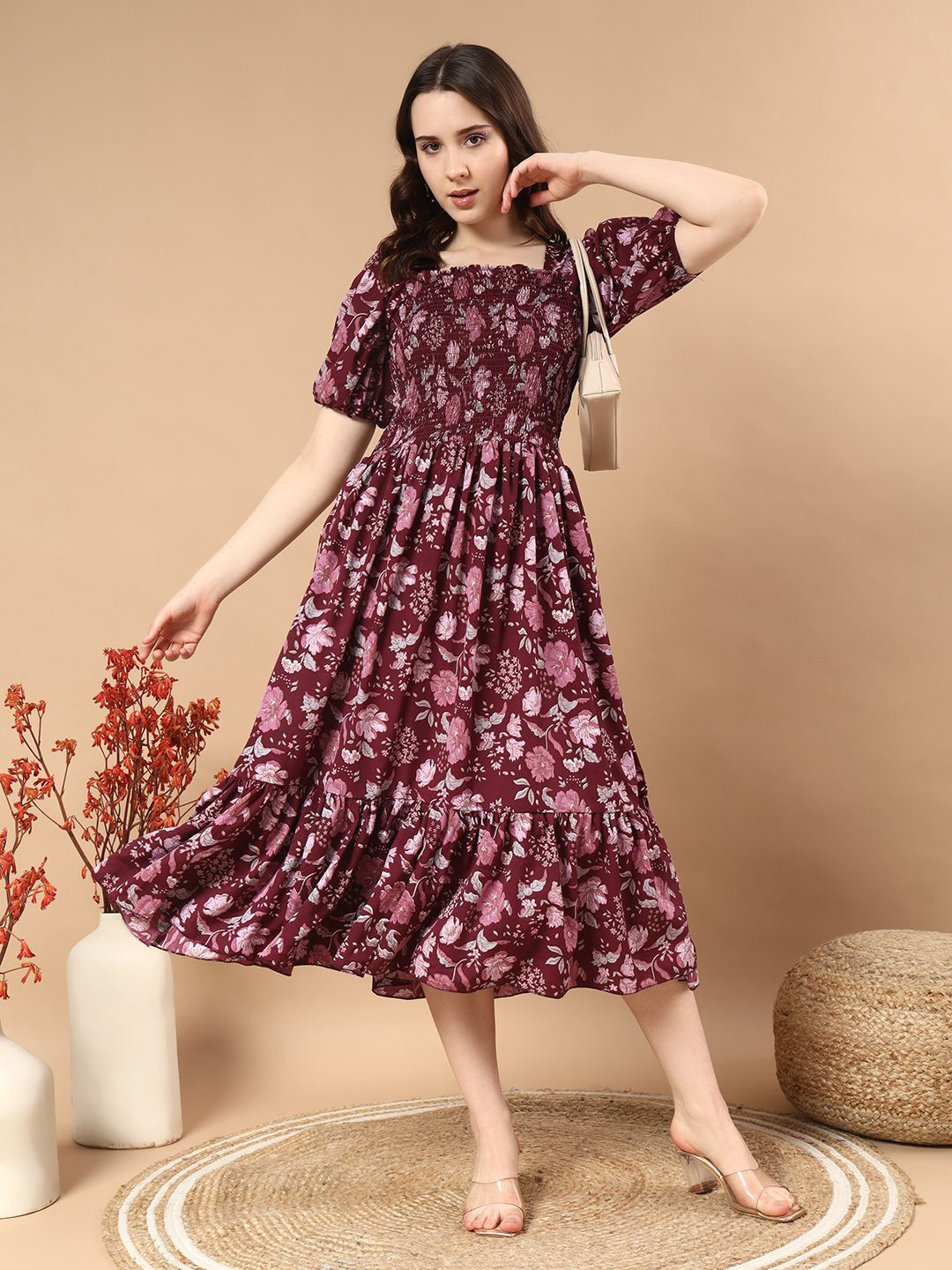 

DEKLOOK Floral Printed Crepe A-Line Midi Dress, Burgundy