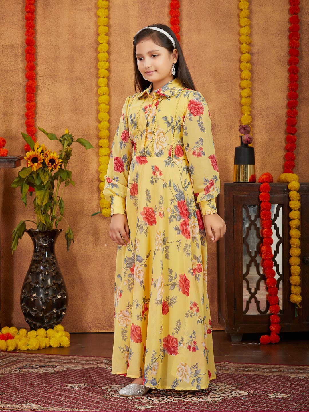 

BAESD Girls Floral Printed Georgette A-Line Maxi Dress, Yellow