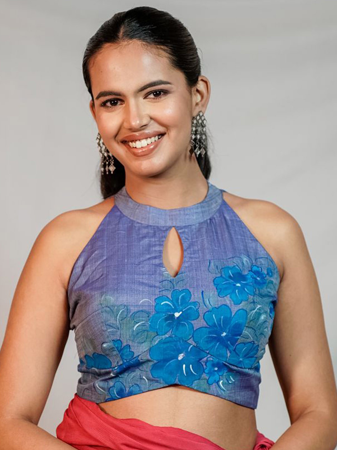 

THE SAFFRON SAGA Floral Hand-Painted Pure Cotton Keyhole Neck Saree Blouse, Blue