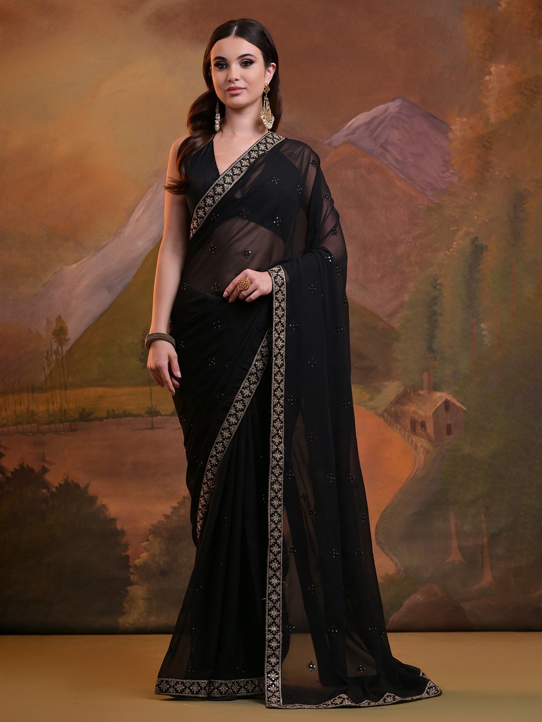 

QVAZOR Embroidered Sequinned Pure Georgette Saree, Black