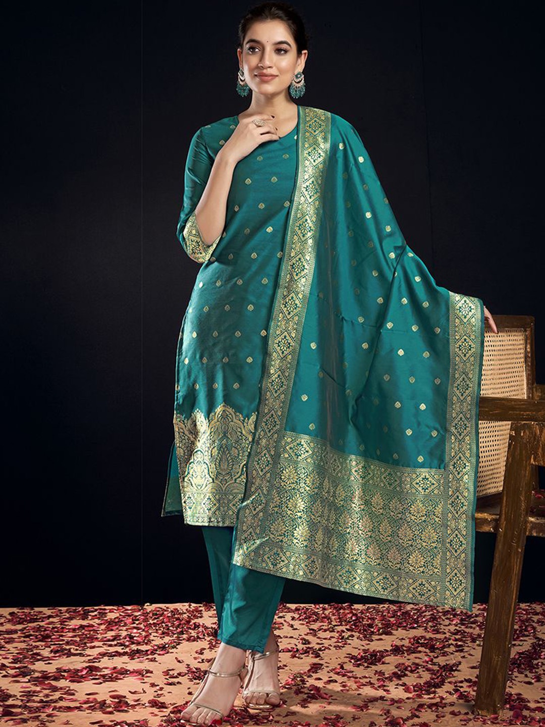 

KALINI Ethnic Motifs Woven Design Kurta with Trousers & Dupatta, Blue
