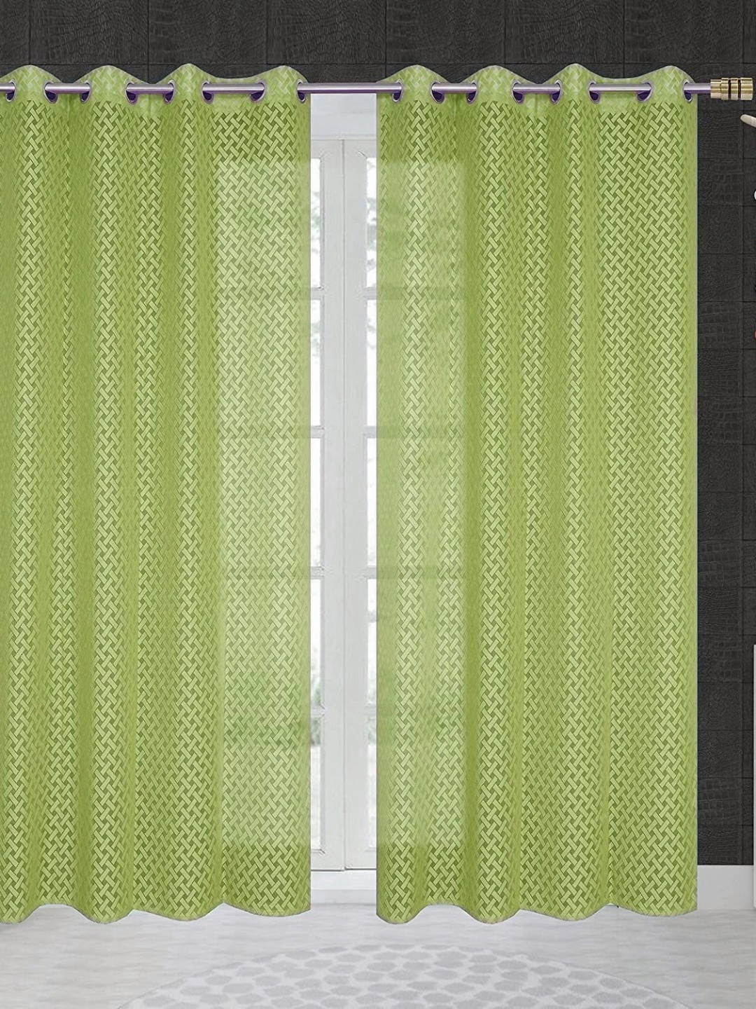 

JARS Collections Green 2 Pieces Geometric Net Semi Sheer Door Curtains