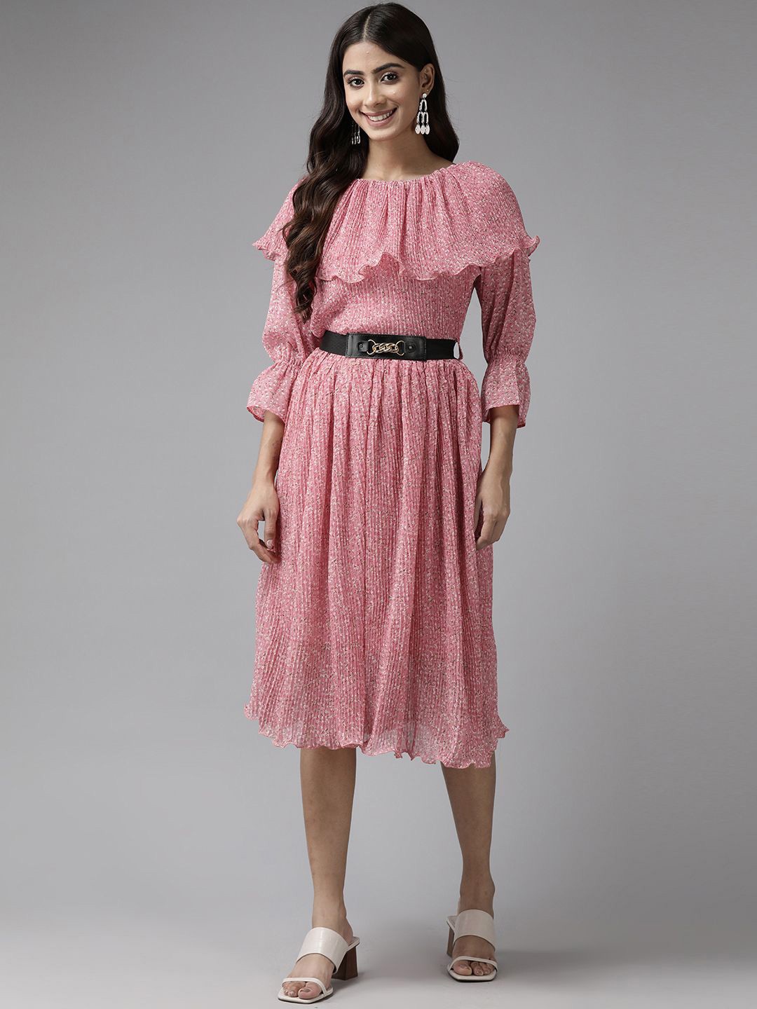 

BAESD Women Bell Sleeve Georgette Fit & Flare Midi Dress, Pink