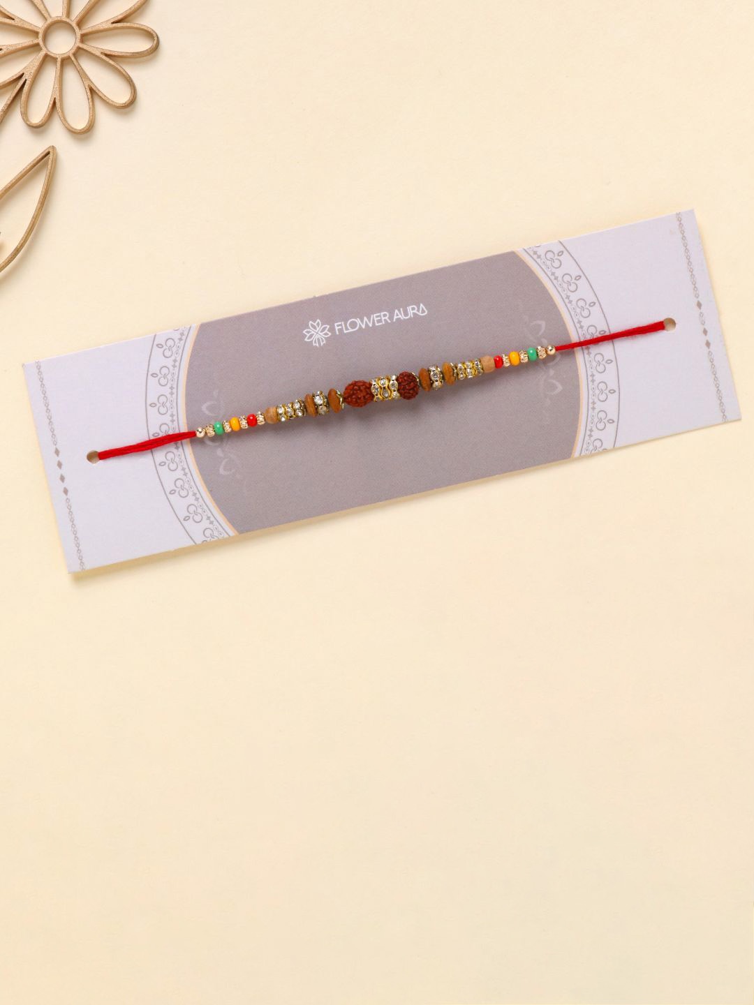

Floweraura Enchanting Rudraksha Beaded Bracelet Thread Rakhi with Roli Chawal, Brown