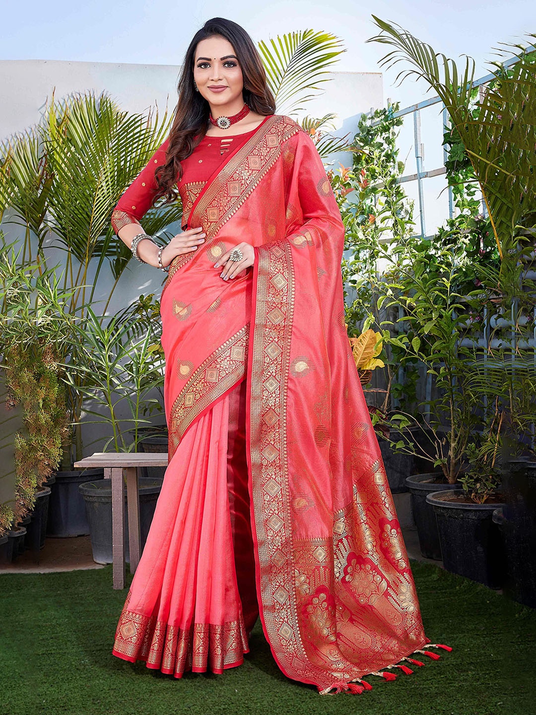 

HEER FASHION Woven Design Zari Organza Banarasi Saree, Pink