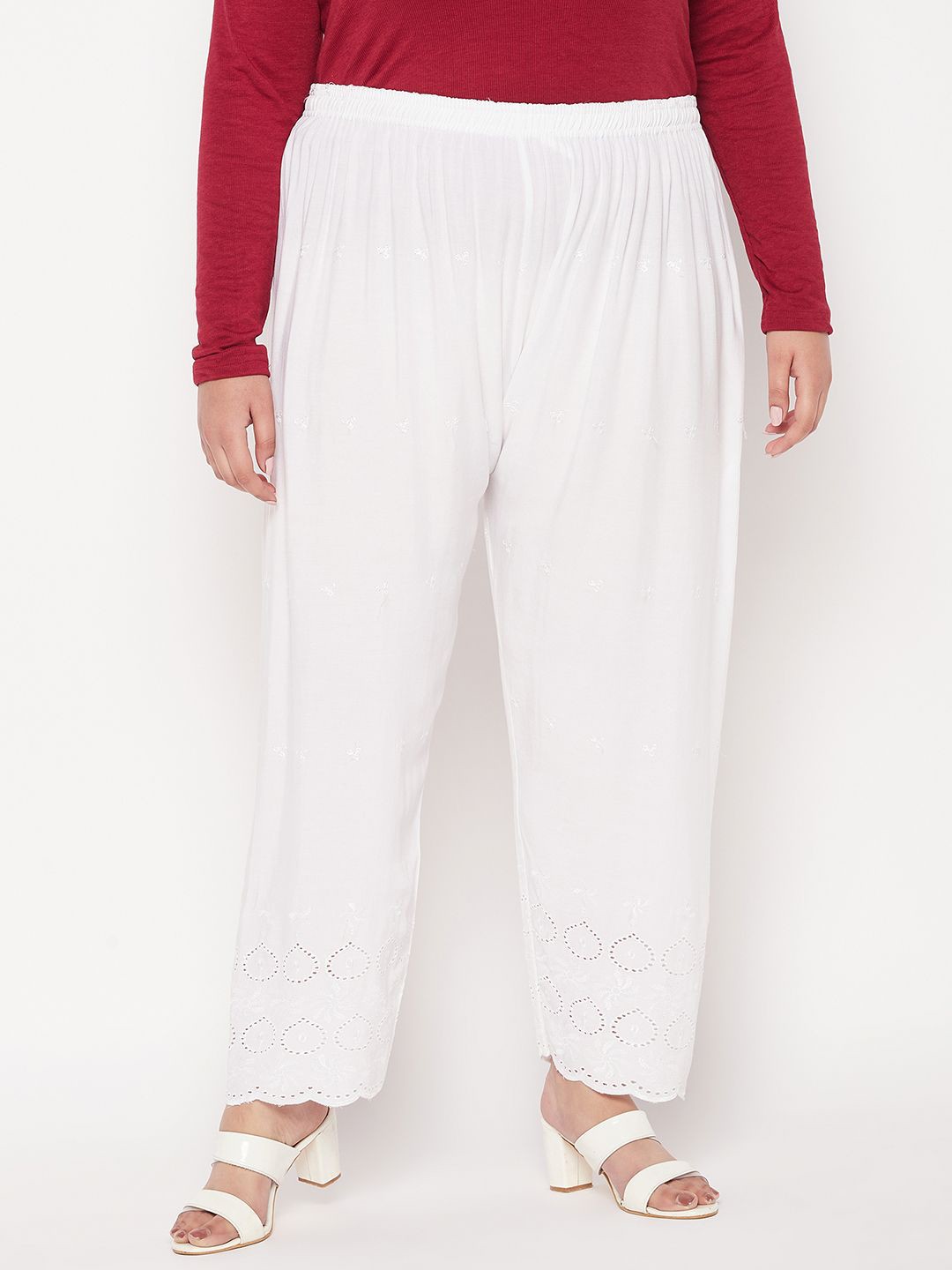 

CLORA CREATION PLUS Women Floral Embroidered Knitted Ethnic Palazzos, White