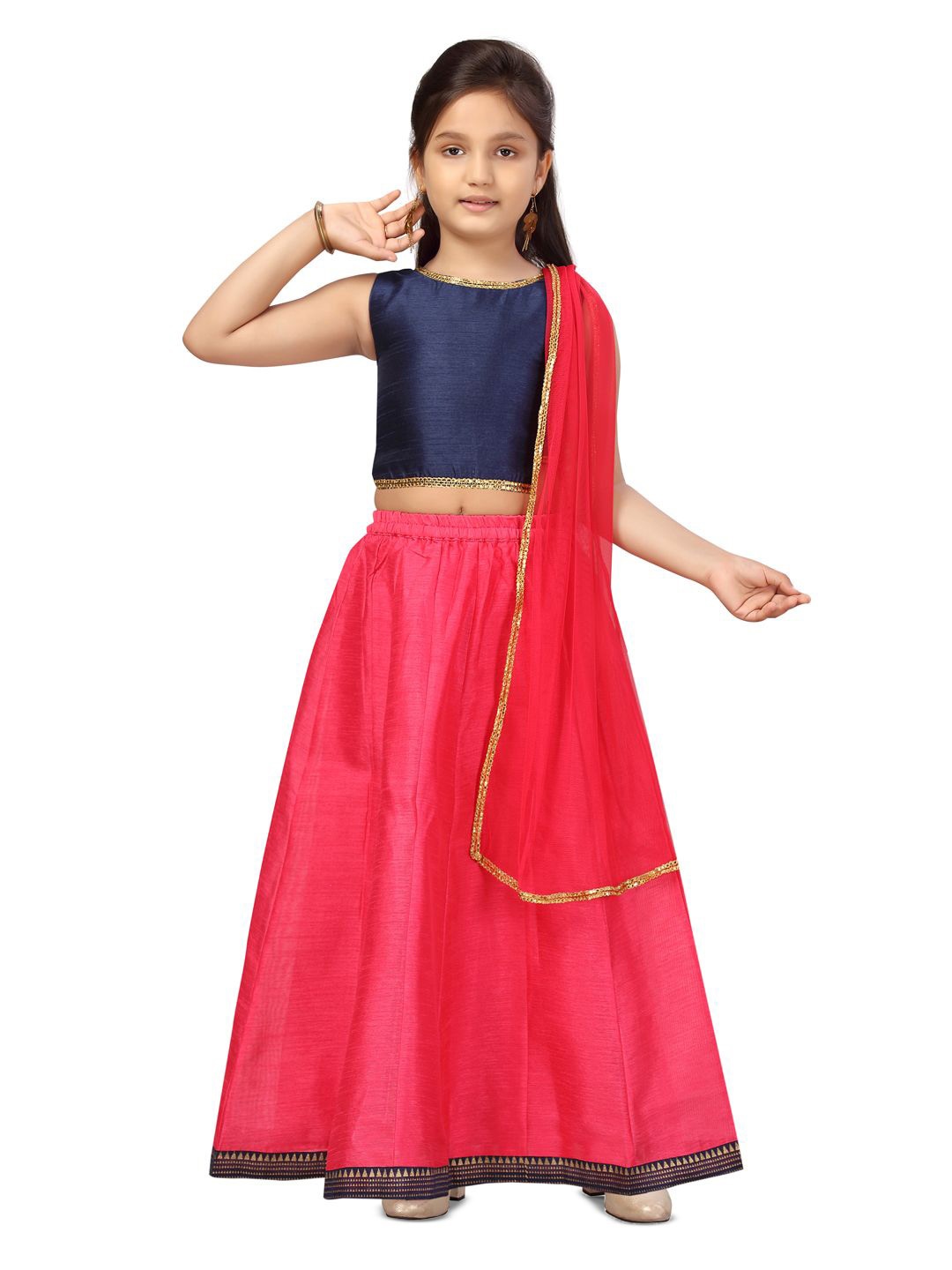 

BAESD Girls Round Neck Gotta Patti Silk Ready to Wear Lehenga & Blouse With Dupatta, Navy blue