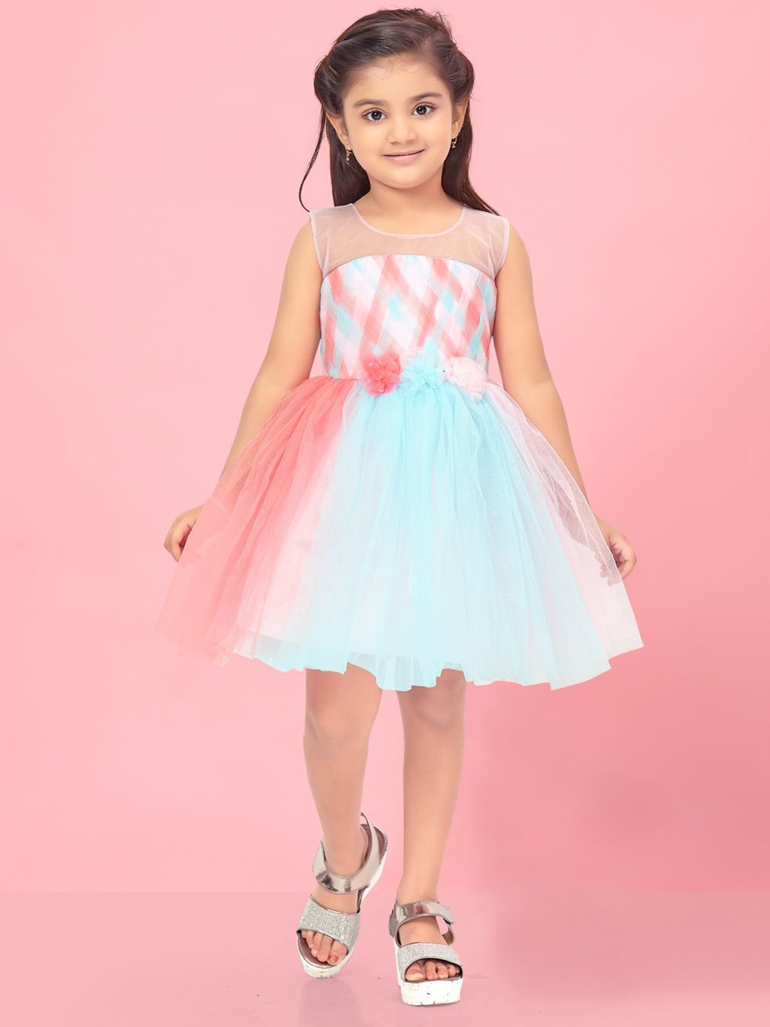 

BAESD Girls Printed Net Fit & Flare Dress, Blue