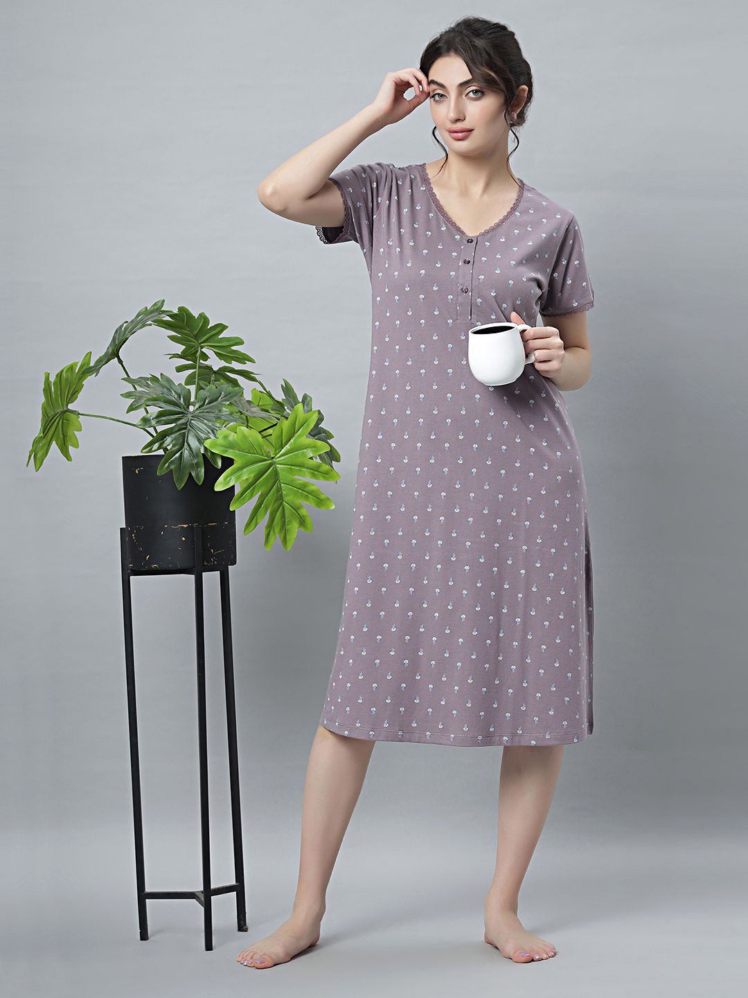 

QUIRA Women Printed V-Neck Nightdress, Grey