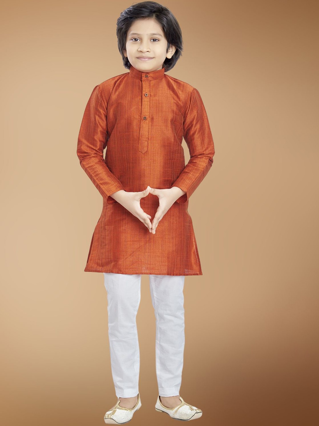 

SHIWAM ETHNIX Boys Band Collar Long Sleeves Cotton Silk Straight Kurta, Orange