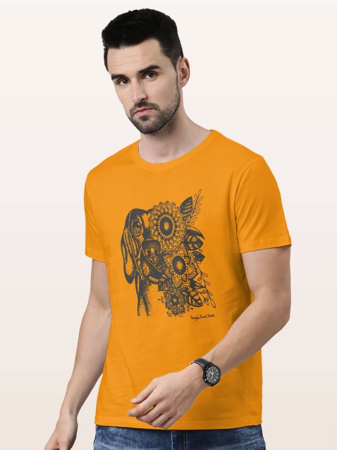 

macmerise Men Printed V-Neck Extended Sleeves T-shirt, Yellow