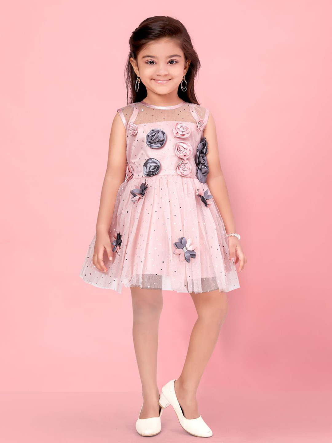 

BAESD Girls Ebroidered Sequinned Net Fit & Flare Dress, Pink