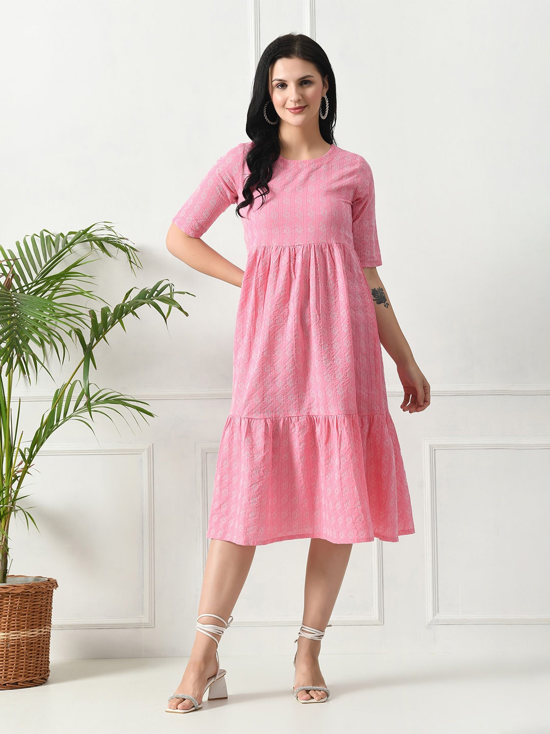 

LYCHNIS Short Sleeve A-Line Midi Dress, Pink