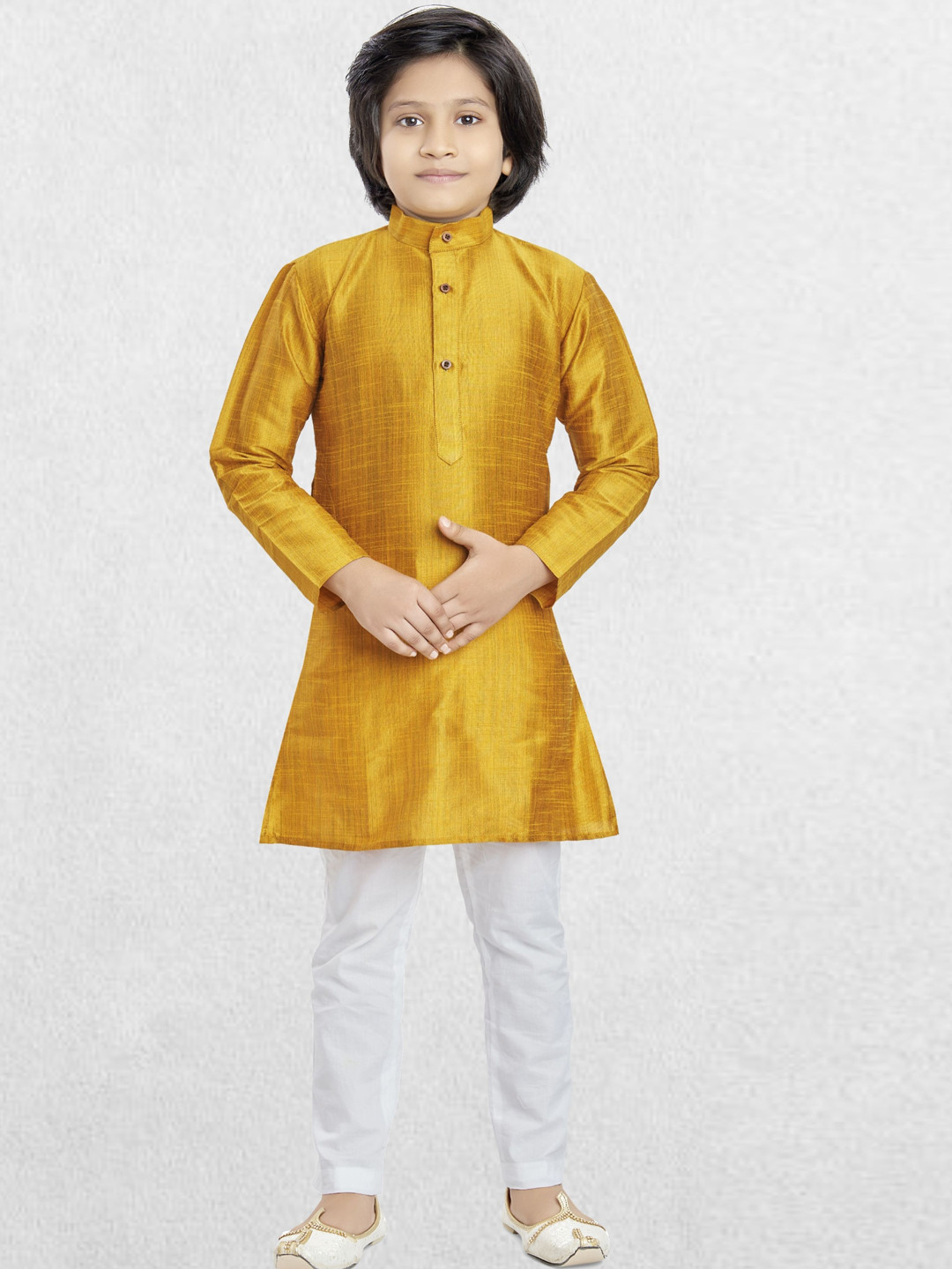 

SHIWAM ETHNIX Band Collar Long Sleeves Straight Kurta With Pyjamas, Yellow