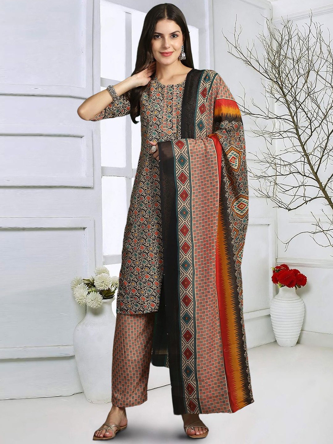 

7Threads Floral Printed Pure Cotton Straight Kurta With Trousers & Dupatta, Black