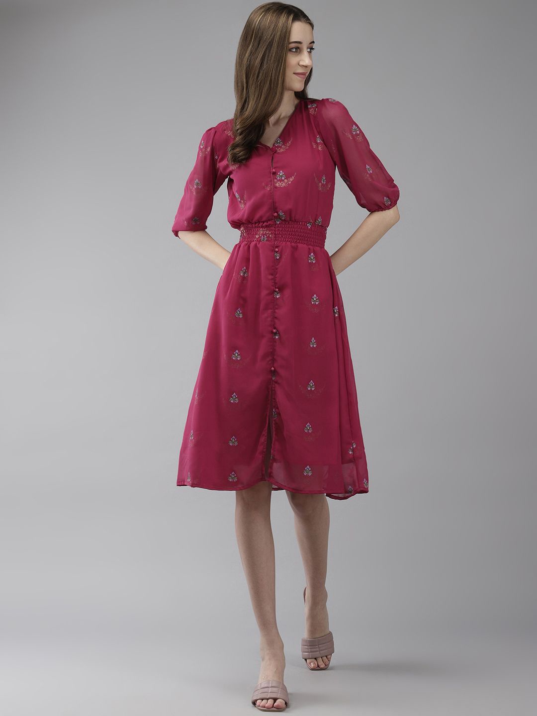 

BAESD Printed V-Neck Puff Sleeve Georgette A-Line Dress, Pink