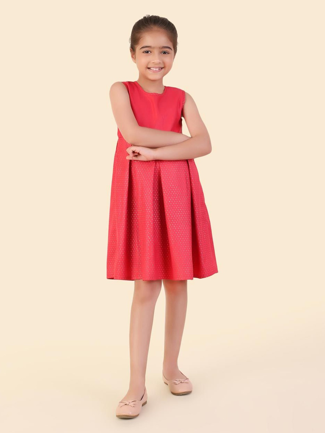 

Fabindia Girls Round Neck Sleeveless Fit & Flare Dress, Red