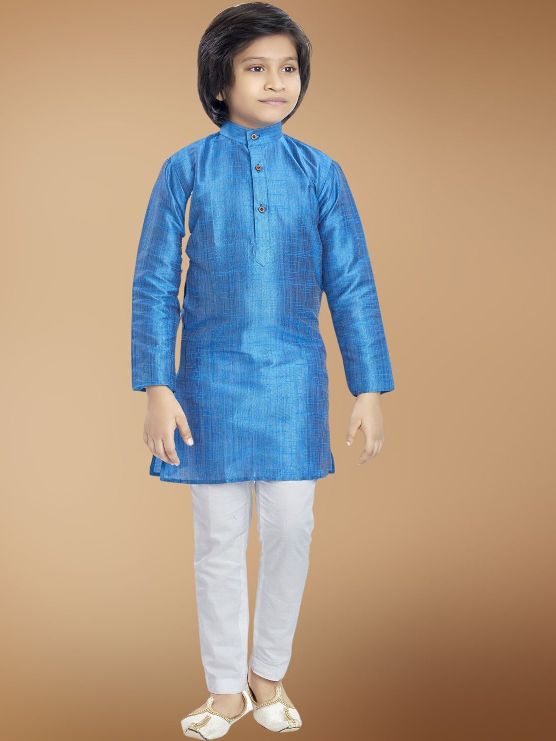 

SHIWAM ETHNIX Boys Band Collar Long Sleeves Cotton Silk Straight Kurta, Blue