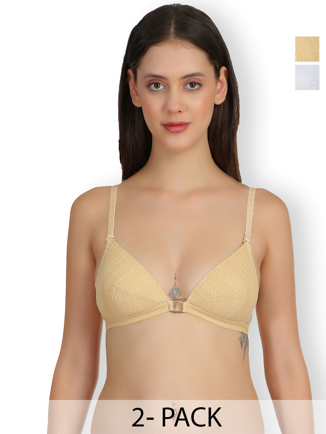 

SELFCARE Pack Of 2 Net Half Coverage Lightly Padded Bra, White