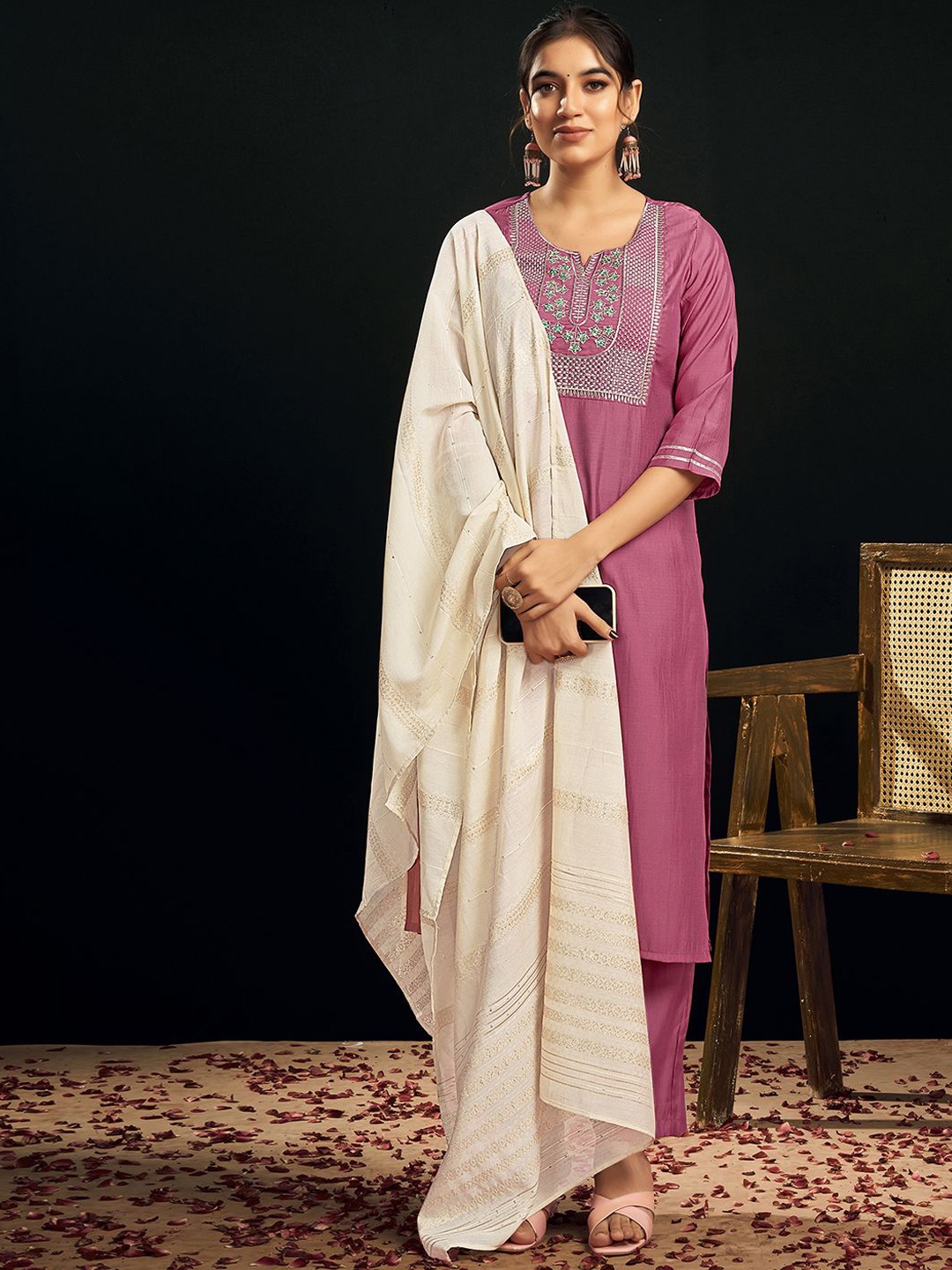 

KALINI Ethnic Motifs Embroidered Kurta with Trousers & Dupatta, Pink